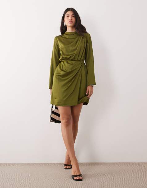 YAS draped satin mini dress in moss green - view 1