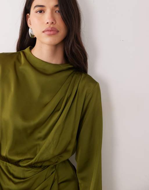 YAS draped satin mini dress in moss green, 2 of 4
