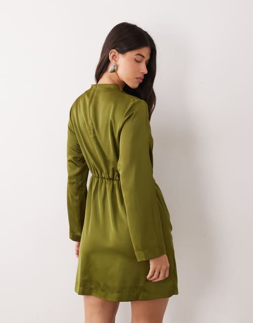 YAS draped satin mini dress in moss green, 3 of 4