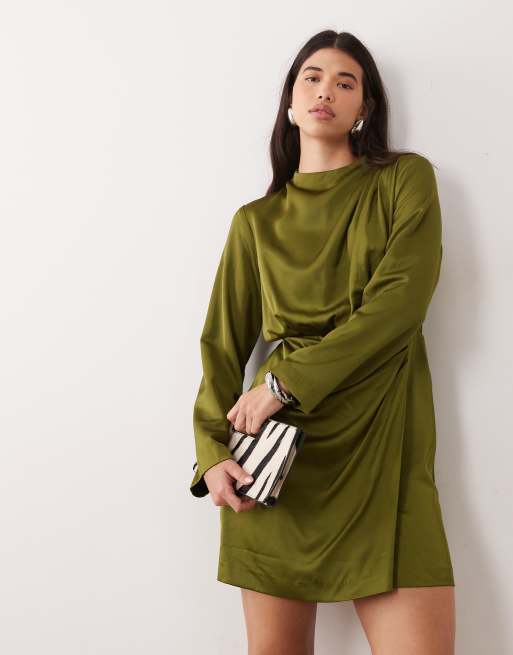 YAS draped satin mini dress in moss green, 4 of 4