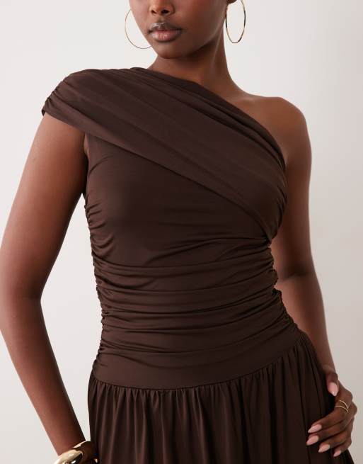 YAS draping one shoulder maxi dress in chocolate brown, 3 of 4