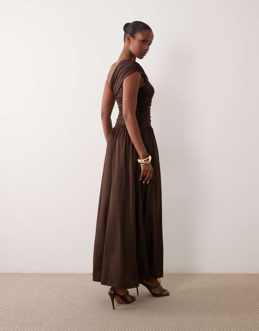 YAS draping one shoulder maxi dress in chocolate brown, 4 of 4