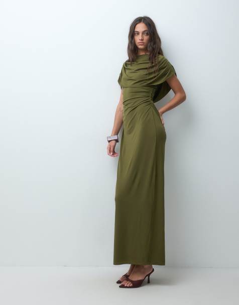 YAS draping slinky maxi dress with thigh split in olive green