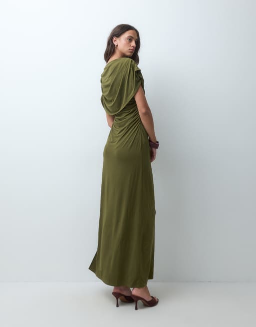 YAS draping slinky maxi dress with thigh split in olive green, 3 of 5