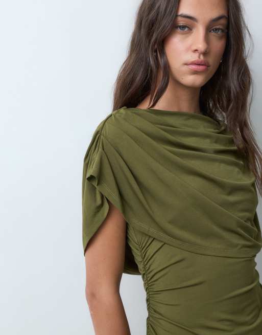 YAS draping slinky maxi dress with thigh split in olive green, 5 of 5