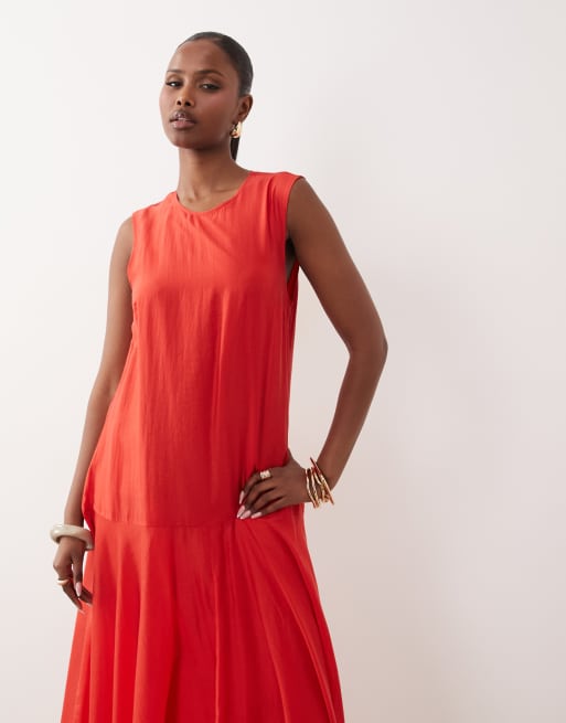 YAS drop waist volume maxi dress in poinsettia red, 2 of 4