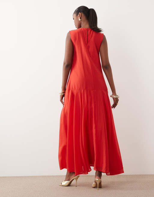 YAS drop waist volume maxi dress in poinsettia red, 4 of 4