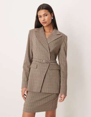 YAS - Eleganter Blazer in Braun kariert mit Gürtel, Kombiteil-Schwarz