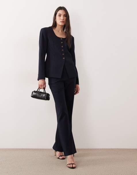 YAS – Elegantes Set in strukturiertem Marineblau bestehend aus Blazer mit eckigem Ausschnitt und Schlaghose - view 1