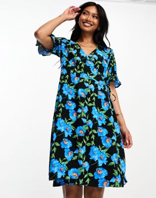 elma mini wrap dress in blue floral print-Black