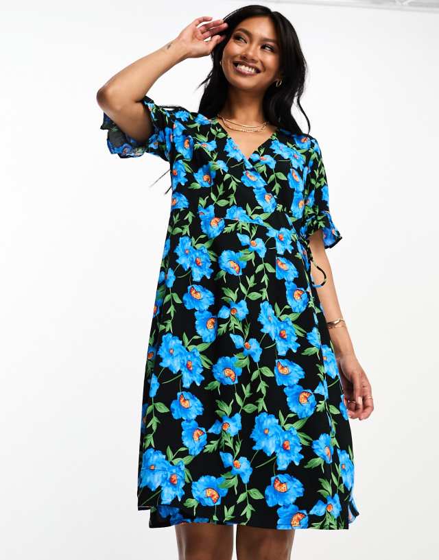 Y.A.S - elma mini wrap dress in blue floral print