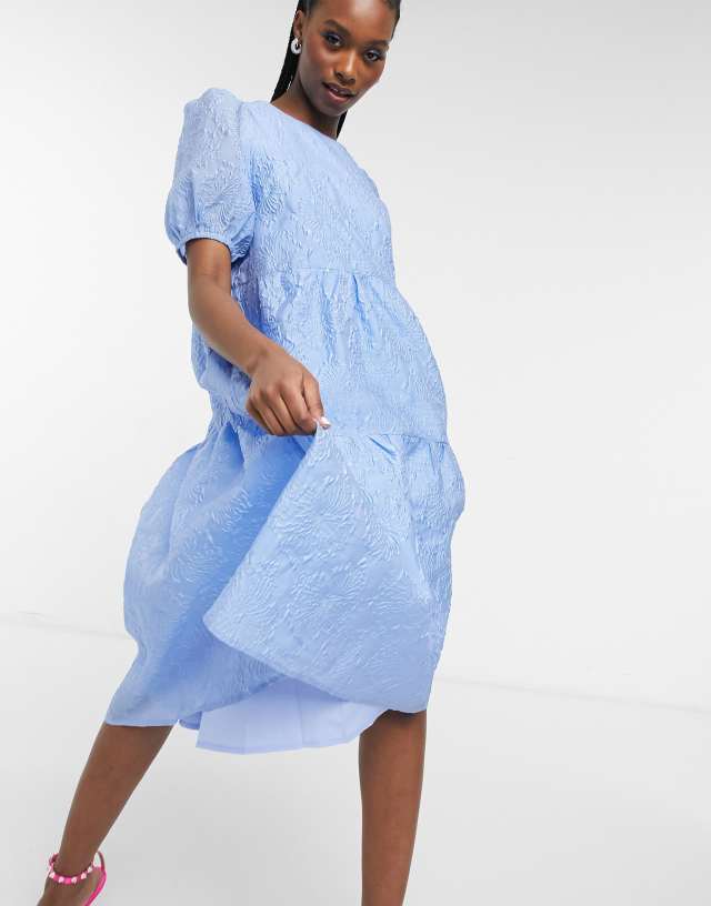 Y.A.S embossed midi dress with tiered skirt and puff sleeves in blue