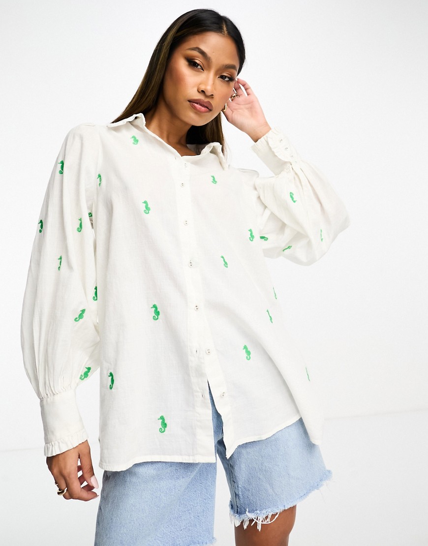 Y.A.S embroidered blue seahorse shirt in white