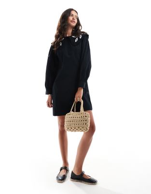 YAS embroidered collar mini dress in black