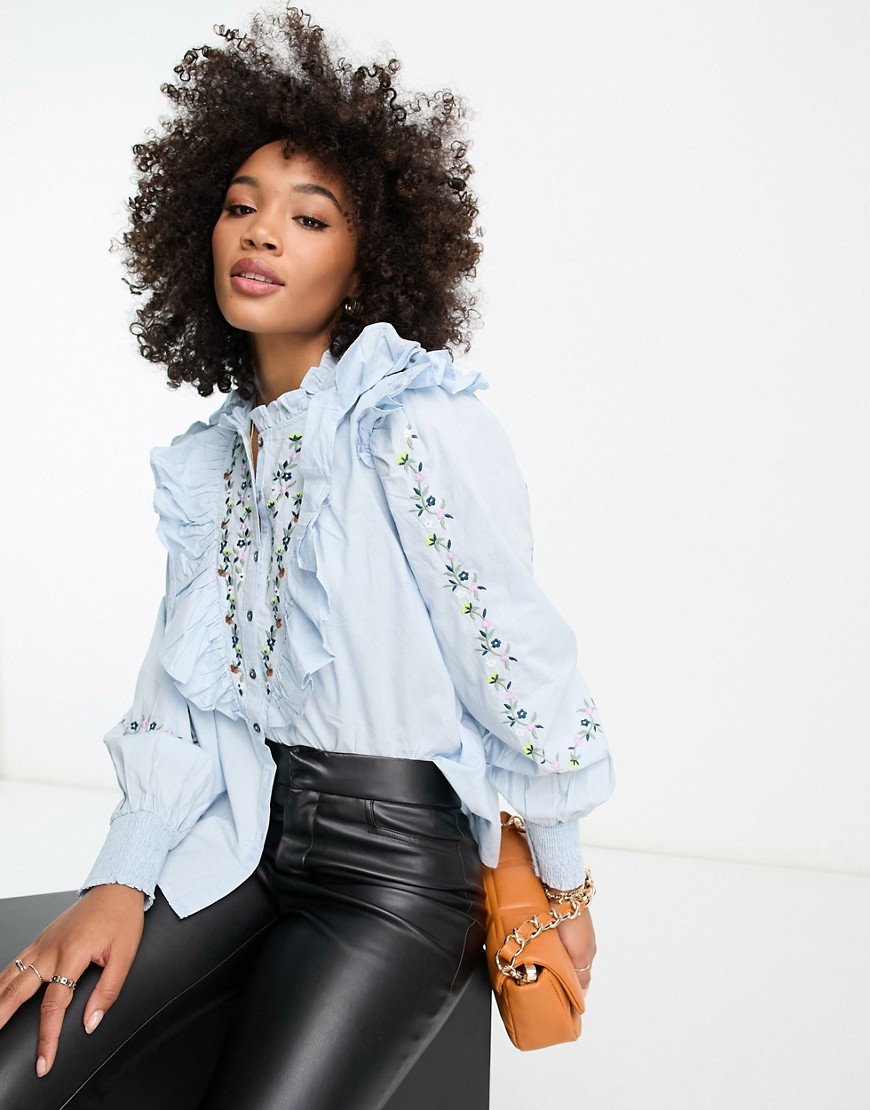 Y. A.S embroidered detail frill shirt in blue