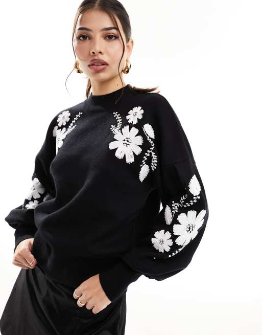 YAS embroidered flower sweater in black