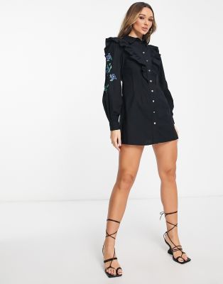YAS Y.A.S embroidered sleeve button through mini dress in black
