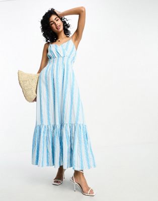 Y.A.S. EMBROIDERED STRIPE CAMI MAXI DRESS IN BLUE AND WHITE