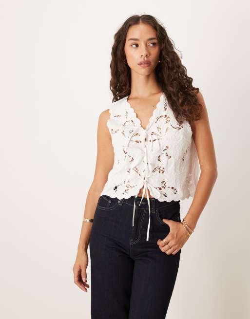 YAS embroidered tie front tank top in white