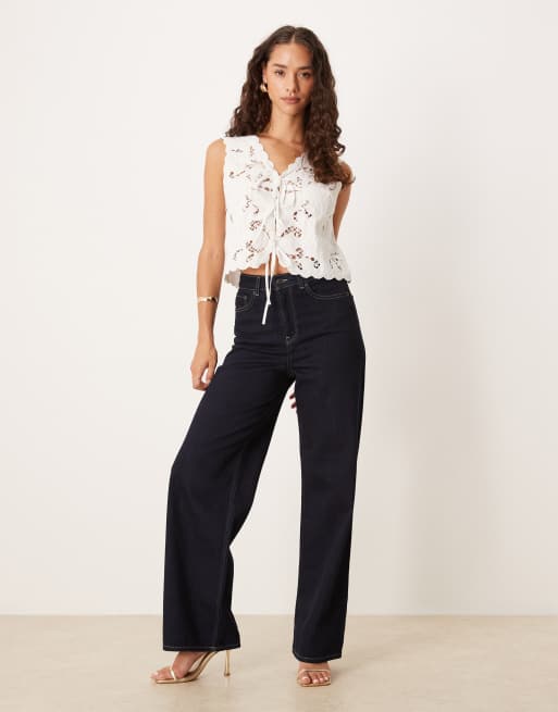 YAS embroidered tie front tank top in white