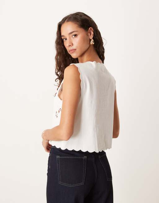 YAS embroidered tie front tank top in white