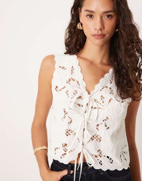 YAS embroidered tie front vest in star white - view 1