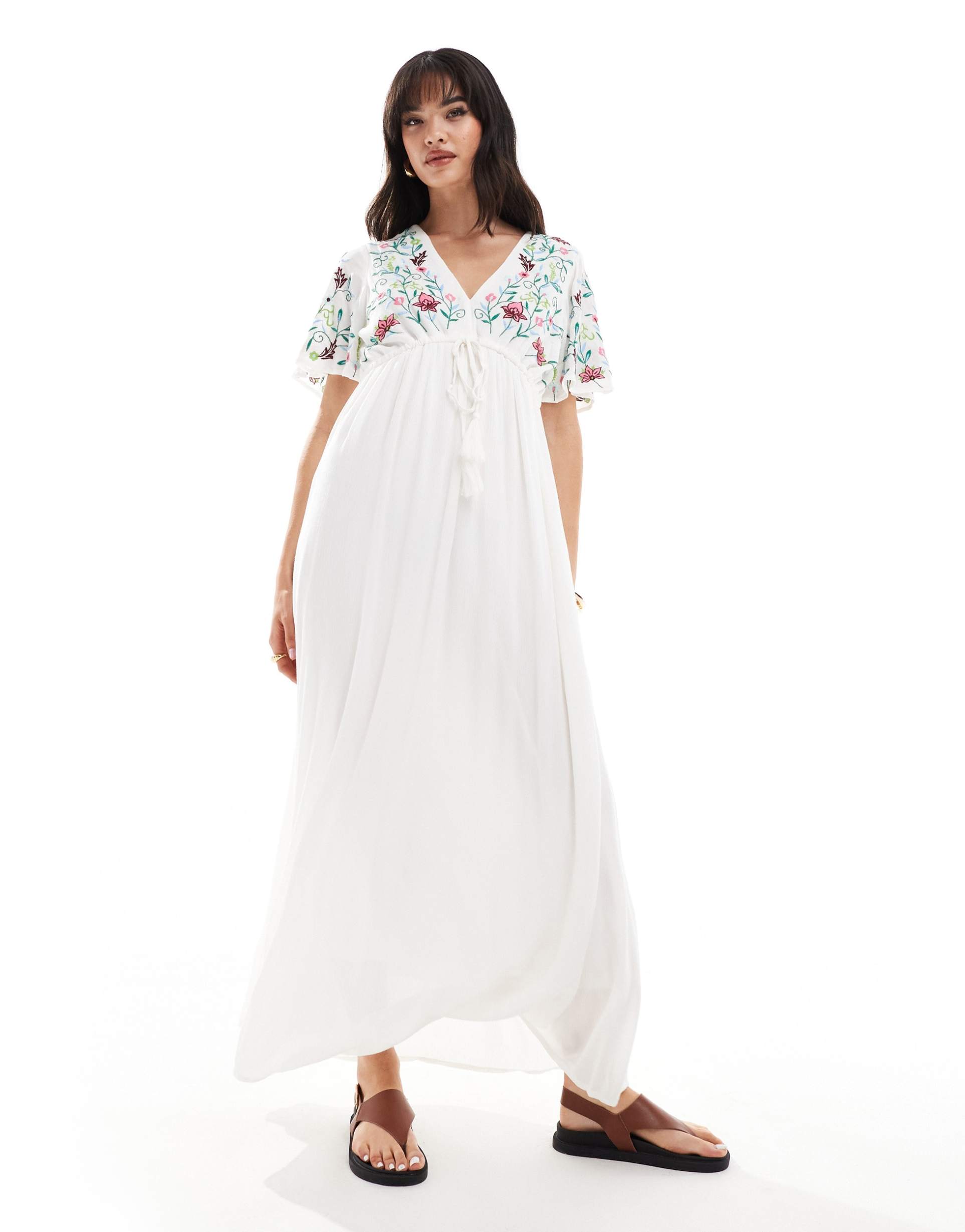 yas embroidered v neck maxi dress in white