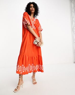 Y.A.S embroidered v neck midi dress in red