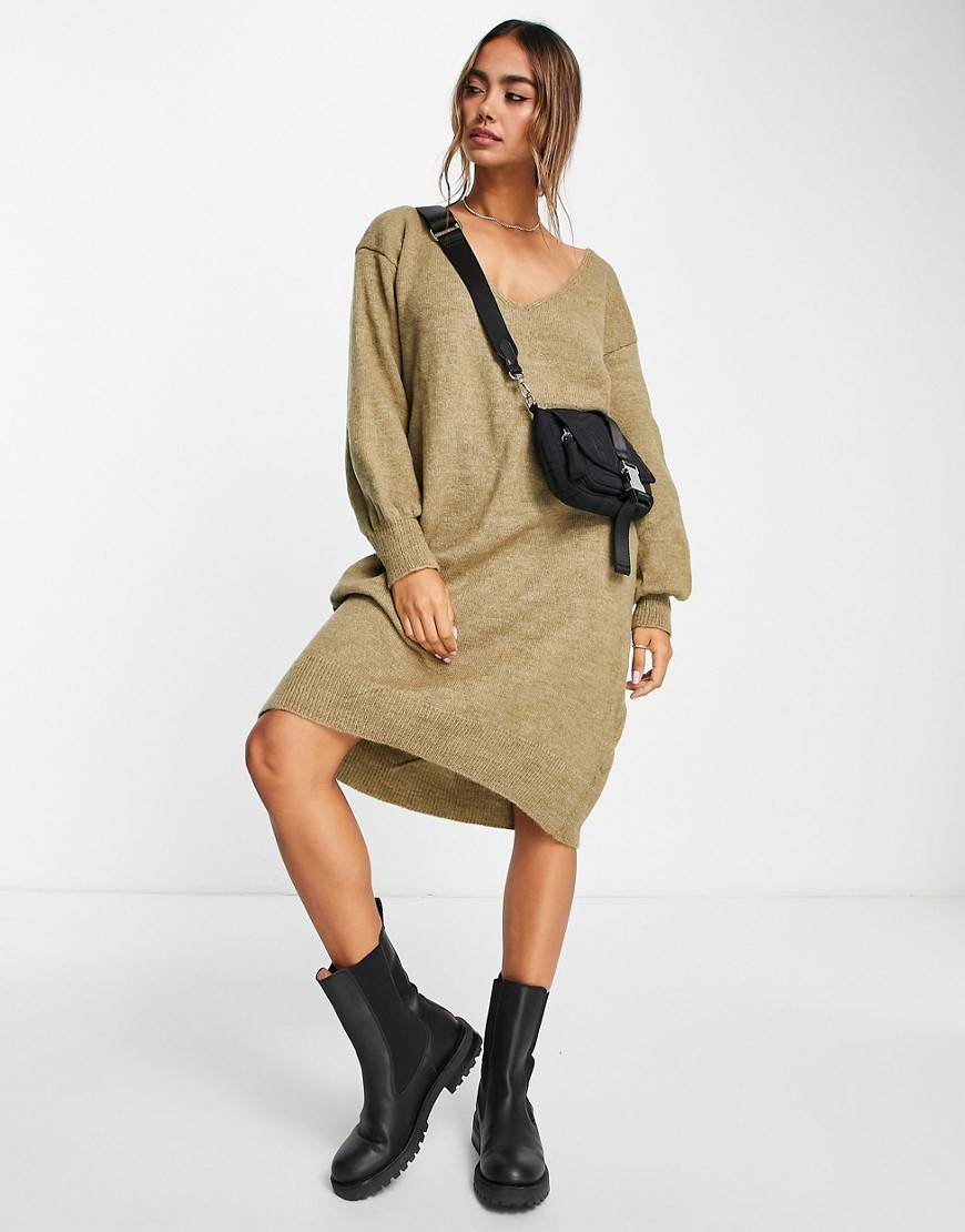 Emmy deep v-neck knit dress in taupe-Green