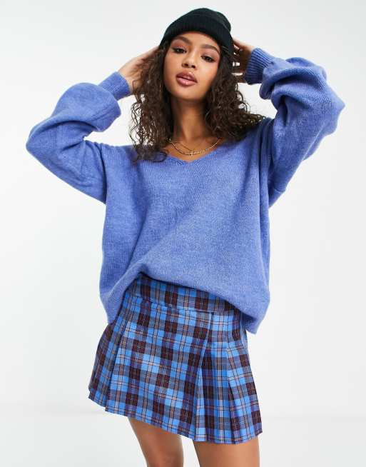 Y.A.S. Emmy deep v-neck soft knit jumper in blue | ASOS