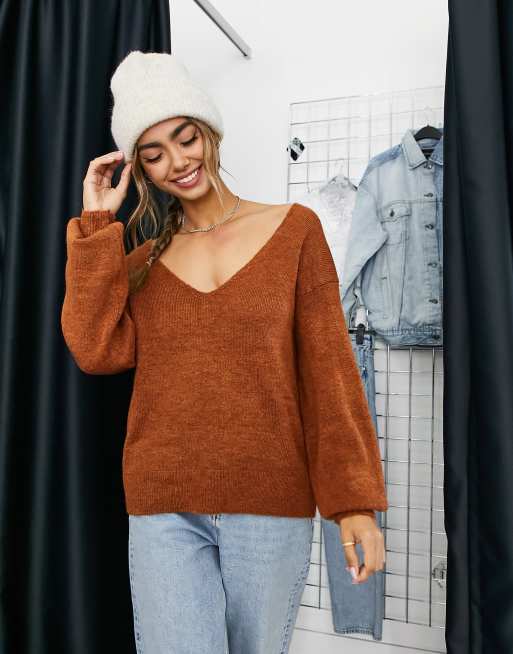 Y.A.S. Emmy deep v neck soft knit jumper in rust