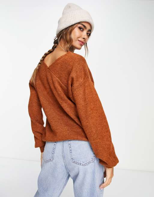 Y.A.S. Emmy deep v neck soft knit jumper in rust
