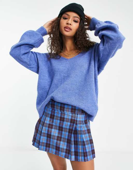 Y.A.S. Emmy deep v-neck soft knit sweater in blue