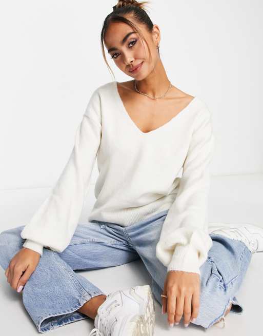 Y.A.S. Emmy deep v-neck soft knit sweater in white | ASOS