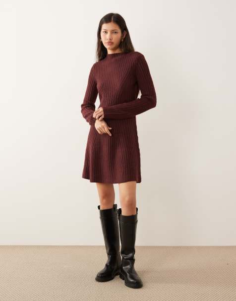 YAS engineered rib knit mini dress in burgundy - view 1