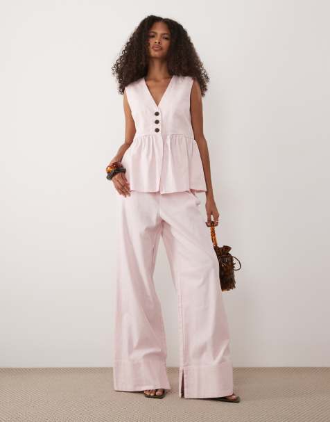 YAS - Ensemble avec top boutonné sans manches avec ourlet à basque et pantalon ample - Rose pâle - view 1