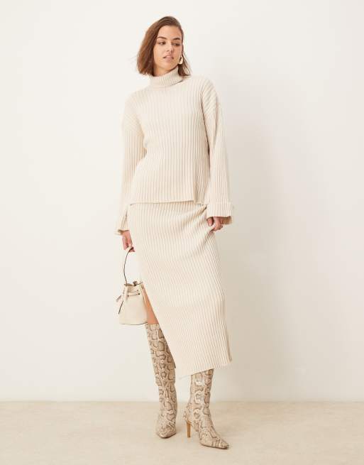 YAS - Ensemble jupe longue et pull en maille côtelée - Crème