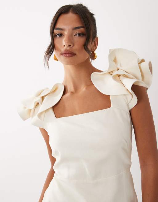 YAS exaggerated ruffle sleeve square neck mini dress in white, 3 of 4
