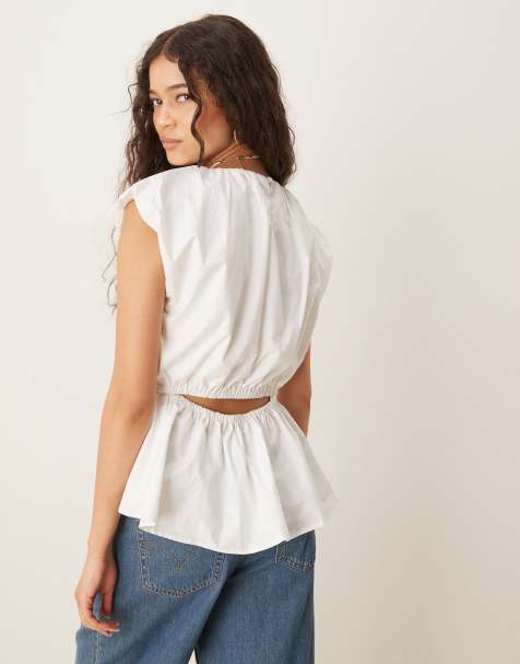 YAS exaggerated shoulder detail fitted poplin top in white - view 1