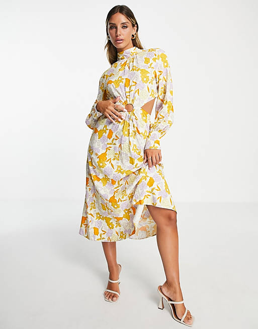 Y.A.S - Exclusieve midi jurk met uitsnijdingen en ringdetail in bloemenprint