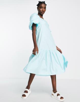 YAS Y.A.S exclusive cotton poplin midi dress with ruched bust detail in blue