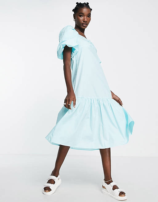 Y.A.S exclusive cotton poplin midi dress with ruched bust detail in blue