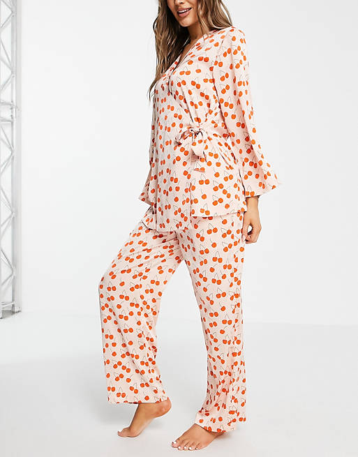 Y.A.S Exclusive kimono shirt and pants pyjama set in cherry print