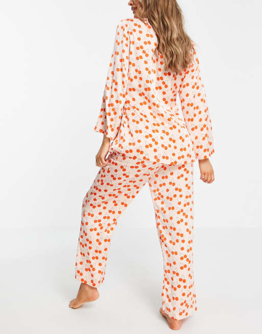 Y.A.S Exclusive kimono shirt and pants pyjama set in cherry print, 2 of 4