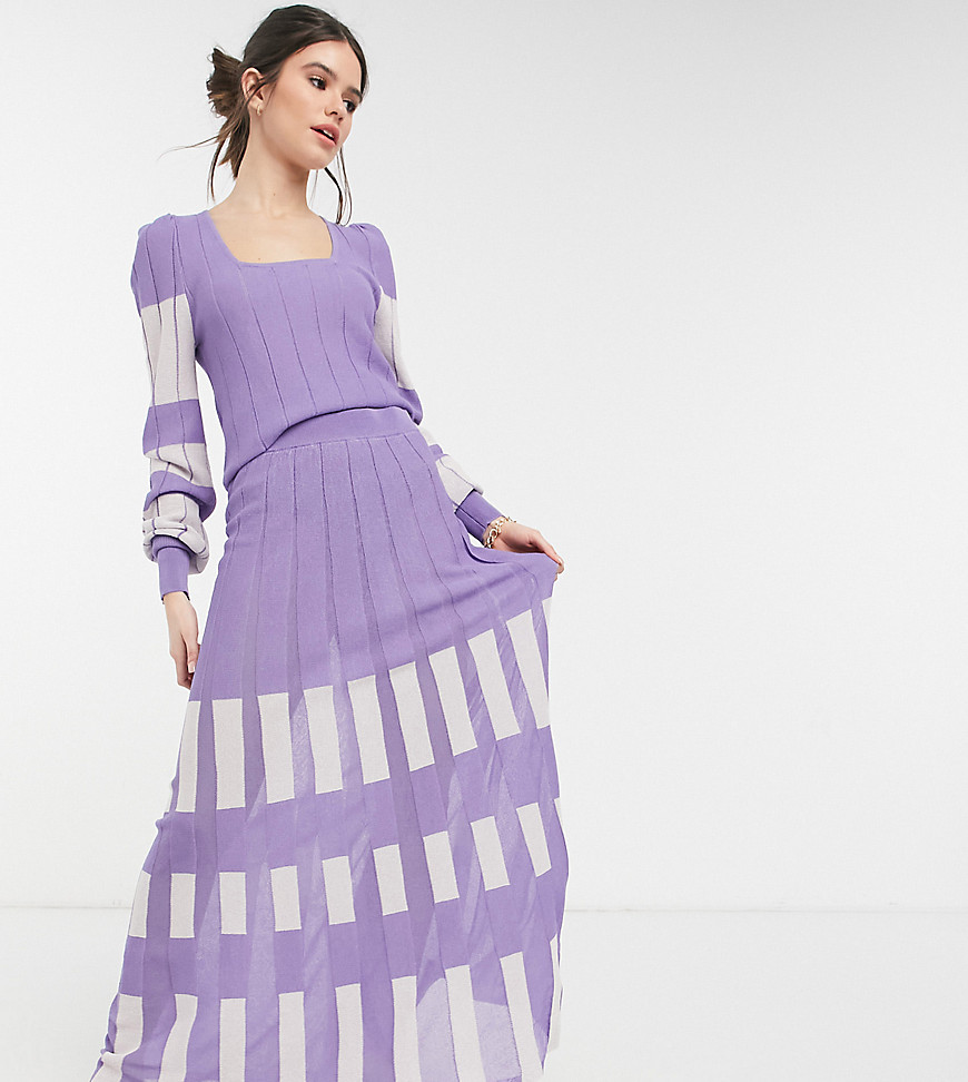 Y.A.S exclusive knitted midi skirt set in lilac and white color block-Multi