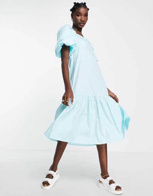 Y.A.S – Exclusive – Midikleid aus Baumwollpopeline in Blau mit Raffung an der Brust