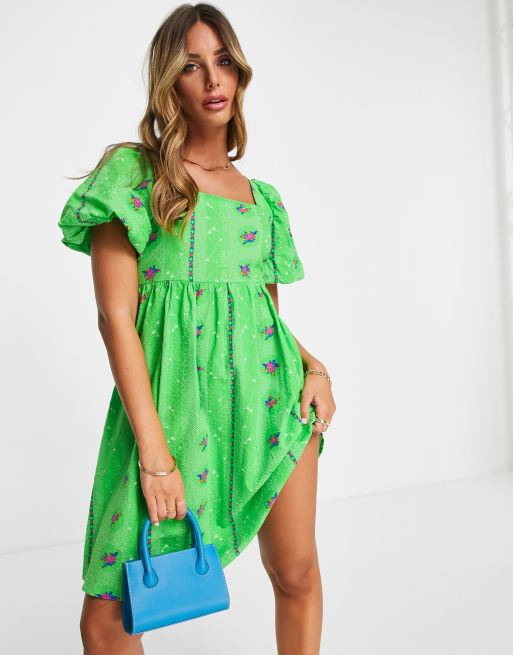 Y.A.S Exclusive mini dress with printed embroidery detail in bright green 