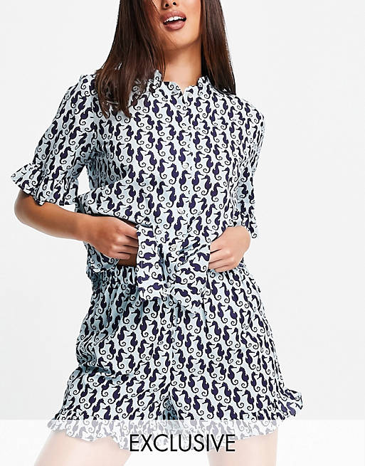 Y.A.S exclusive pyjama top and shorts set in seahorse print