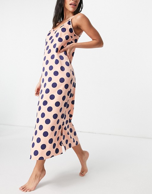 Y.A.S exclusive satin night dress in pink and navy spot print