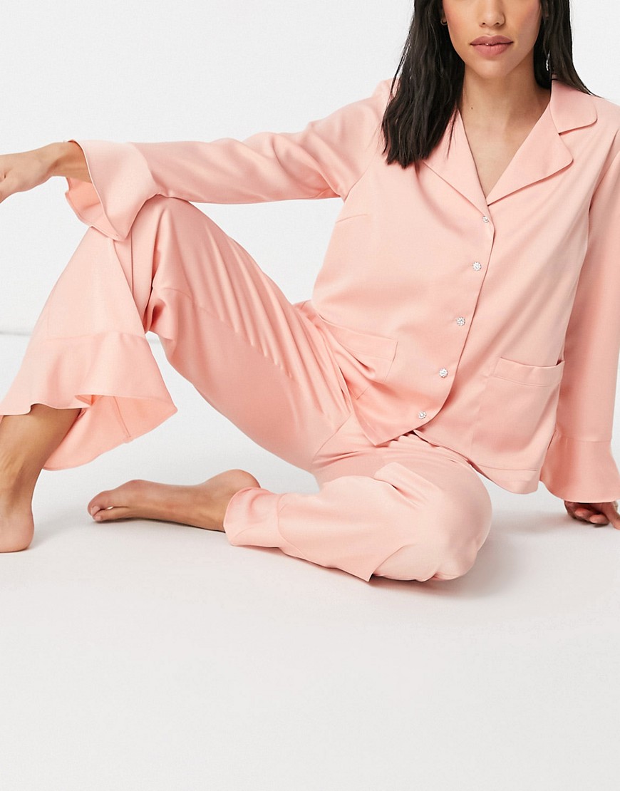 Y.A.S exclusive shirt and pants pajama set with ruffle trim in pink